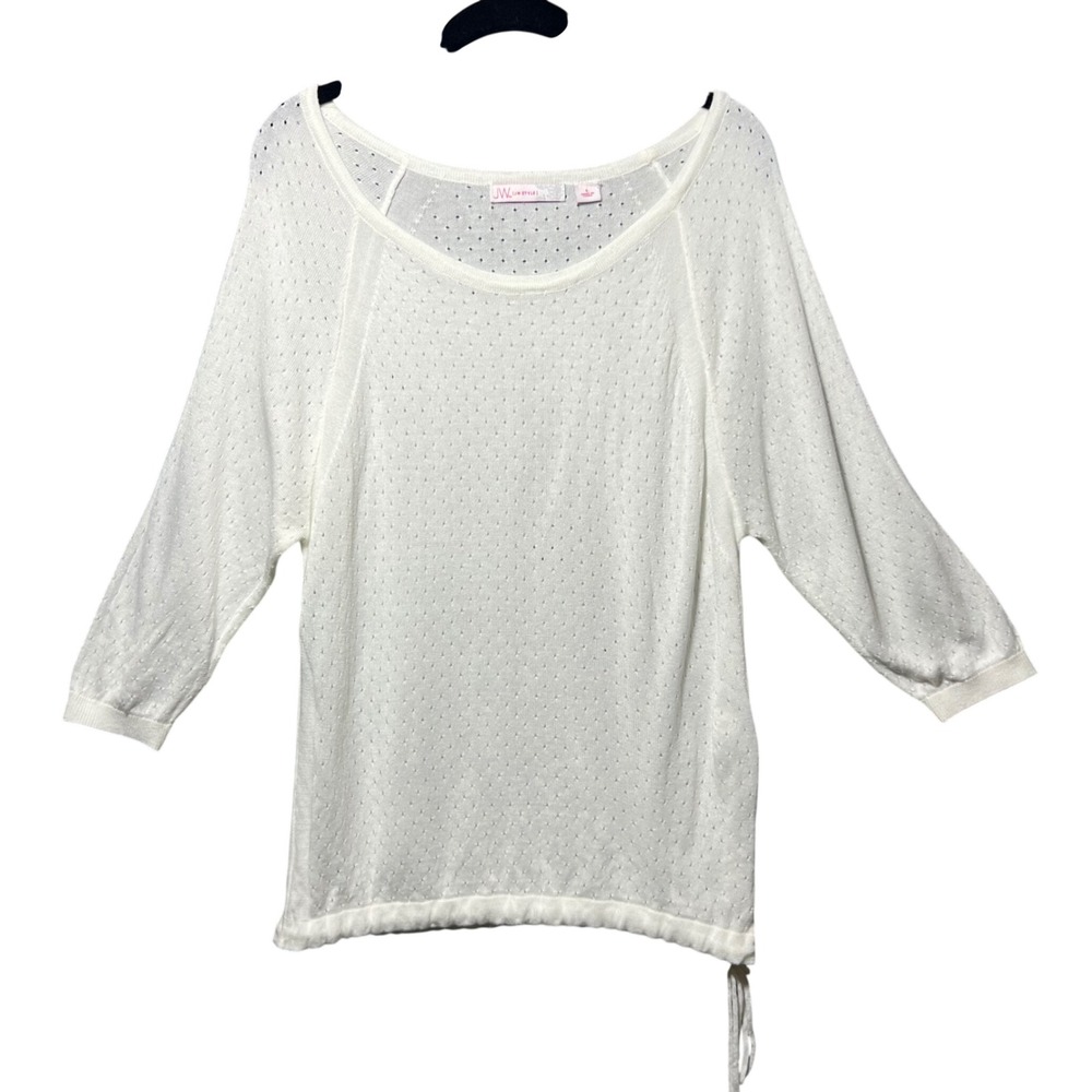 JW Style White Pointelle Knit Blouse Drawstring Hem 3/4‎ Sleeve Size L